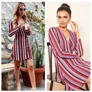 Reformation Gjelina Rainbow Striped Wrap Mini Dress Luisa Stripe XS Long Sleeves